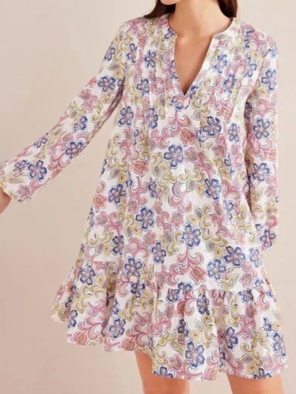Boden White Mini Dress with Pink, Blue & Green Floral Print